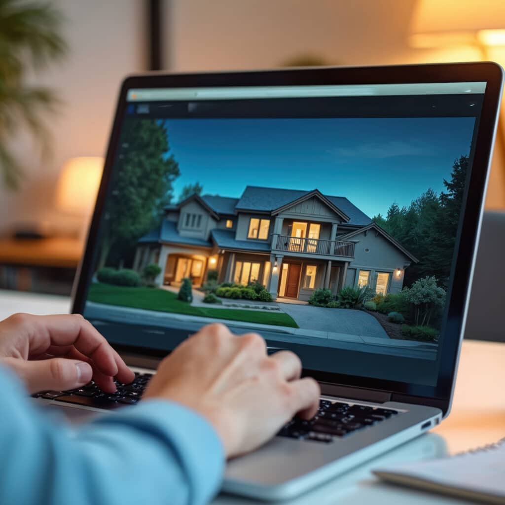Recherche Maison Luxe sur Ordinateur Portable Mains tapant sur un ordinateur portable affichant la photo d'une maison moderne éclairée au crépuscule, ambiance recherche immobilière.